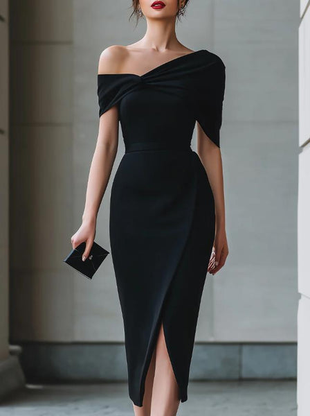 Elegant Commuter Solid-Color Asymmetrical Dress Gown