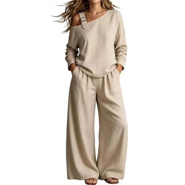 Women Two Piece Matching Set for Fall Off-Shoulder Long Sleeve Top & High Waisted Wide Leg Pants Loose Shirt Trouser Lounge Set