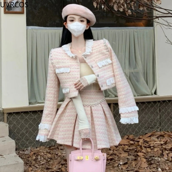 Pink Autumn Winter Kawaii Tweed Two Piece Set Women Sweet Lace Patchwork Woolen Jackets Elegant Pearl Pleated Mini Skirts Suits