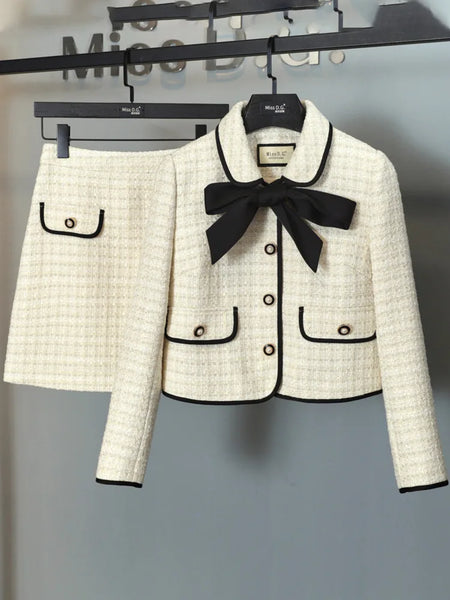 Women Lace-up Bow Jacket Coat + Skirt Suits Sweet 2 Piece Sets High Quality Autumn Winter Small Fragrance Tweed Two Piece Set